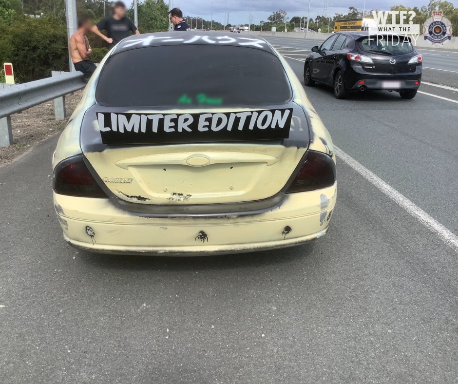 QldPolice's tweet image. The 'Limiter edition' vehicle had no headlights, no indicators and no number plates as well as a front bumper secured with cable ties, was removed from the road by Mount Ommaney Highway Patrol.

Remember, driving a vehicle with defects on road, puts yourself and others at risk.