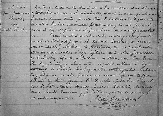 Acta de boda de Juan Francisco Sanchez , MINISTRO DE HACIENDA , ( hijo de   Francisco del Rosario Sanchez ) y Emilia Sanchez , de fecha 25 - 11 - 1889 .