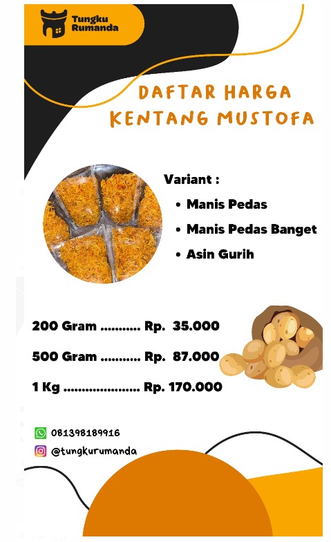 Bismillah, niat menjalankan usaha makanan rumahan , produksi sendiri. kentang mustofa cocok untuk bulan puasa nih , apalagi yang pas sahur bingung mau makan apa. yuk bisa langsung diorder . PO 2 Hari ya mates.