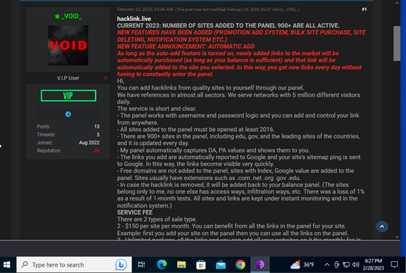 #CrimeAlert! User “_VOID_” is advertising a remote access control/web shell tool called #HackLink. It seems like this tool allows users to create panels that can create URLs that give remote access. 
This info was sourced by our #Darknet team. Thank you to Ali Eftekhary!