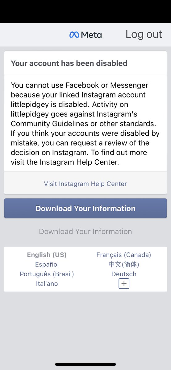 LittlePidgey's tweet photo. @facebook this isn’t covered in the Help Center. My Instagram is NOT disabled, it was reenabled. But my Facebook still is disabled. https://t.co/KrV2RvRbdJ