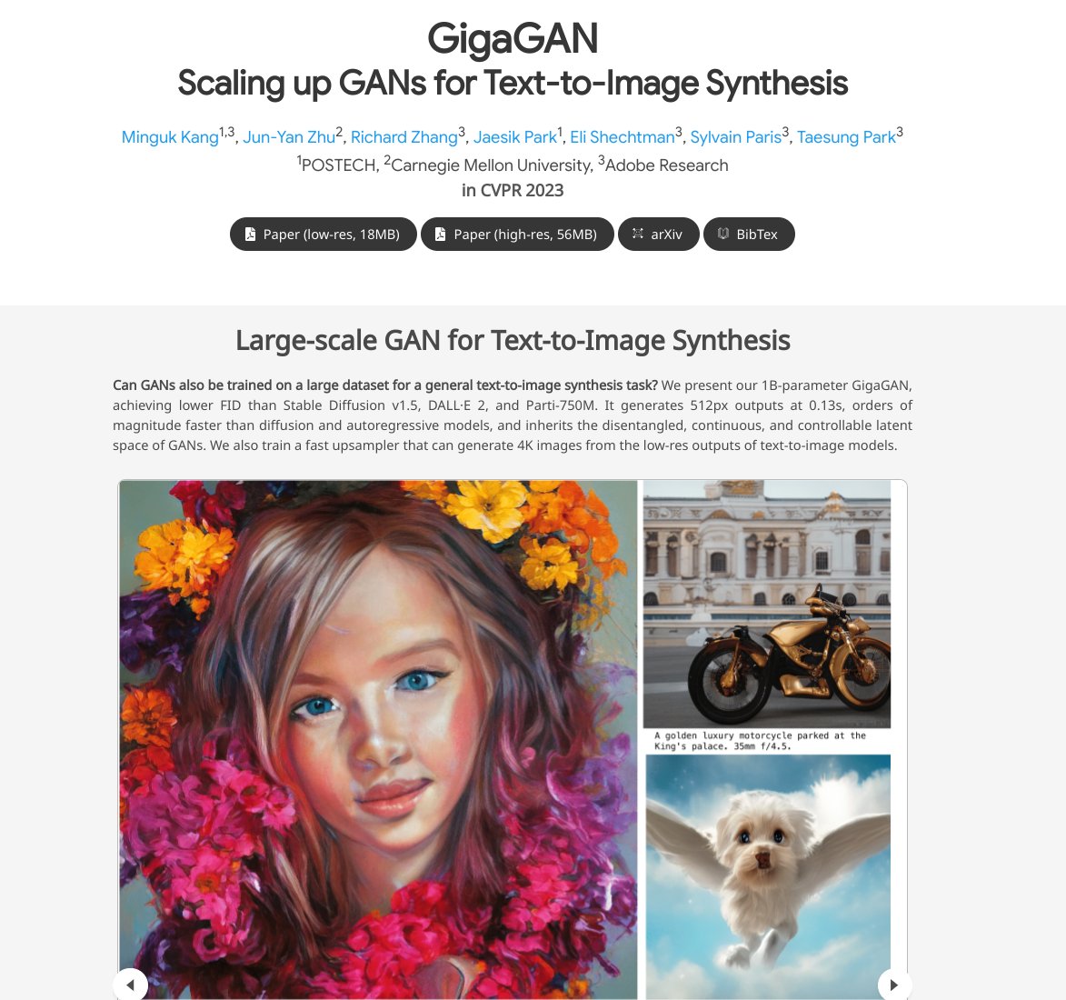 arankomatsuzaki's tweet photo. Scaling up GANs for Text-to-Image Synthesis

- Orders of magnitude faster at inference time
- Can synthesize high-resolution images, for example, 16-megapixel pixels in 3.66 seconds. 

proj: https://t.co/CfsJal8NK7
abs: https://t.co/DqxNrRIqNK https://t.co/s5TFQukAg6