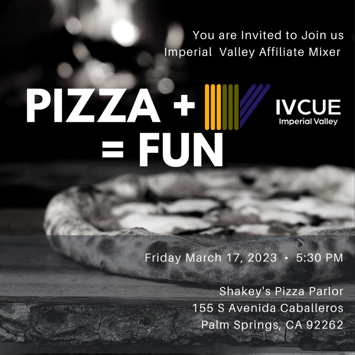#IVCUE is excited for our affiliate meet up. 

Join us as we socialize, share local affiliate updates, and EAT pizza!

It's a great opportunity to meet other Imperial Valley educators and expand your PLN.

. . . see you soon!

#SpringCUE #CUE #WeAreCUE