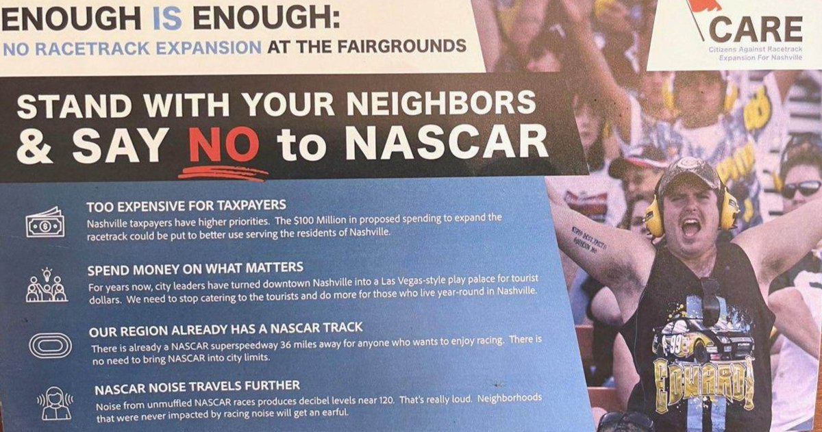 MattWeaverRA's tweet image. In advance of public hearing and a possible vote on Nashville Fairgrounds Speedway and Speedway Motorsports entering into a lease agreement with a NASCAR race, opposition documents are being mailed throughout the city