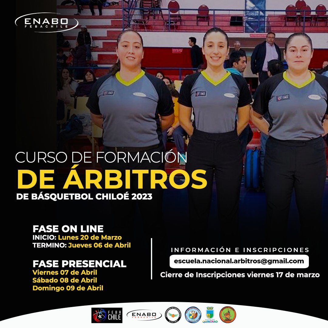 🏀 Curso de Formación de Árbitros
📌 Chiloé

💻 Fase online lunes 20/3 al jueves  6/4

📅 Presencial viernes 7 al domingo 9 de Abril

🏀 Inscripciones hasta  el Viernes 17/3
<a href="/ChileFeba/">Federación Básquetbol de Chile</a> <a href="/MindepChile/">Ministerio del Deporte</a> <a href="/INDChileOficial/">IND Chile 🇨🇱</a> <a href="/MindepLosLagos/">Mindep Los Lagos</a> <a href="/COCH_cl/">Comité Olímpico de Chile</a> <a href="/liga_nacional/">LNB Chile</a> <a href="/LDDFebaChile/">Liga de Desarrollo Lipigas</a> <a href="/femisur/">Femisur</a>