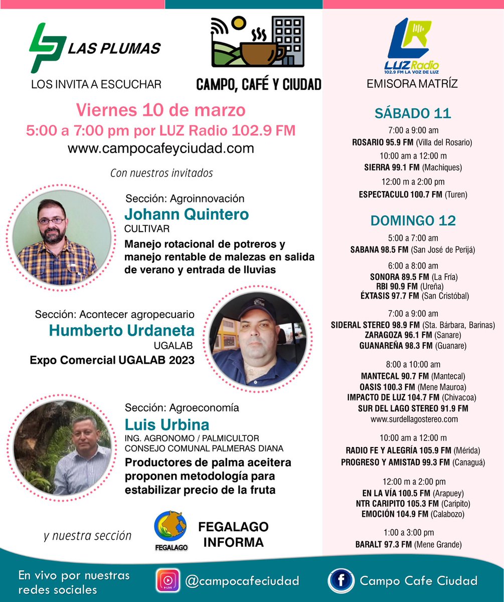 Invitamos a escuchar este Viernes #03Mar 5:00pm a 7:00pm el programa de radio Campo, Café y Ciudad @campocafeciudad que transmite @LUZRadio 102.9FM conducido por @WernerGutierrez
Ver por @instagramlive instagram.com/campocafeciuda…