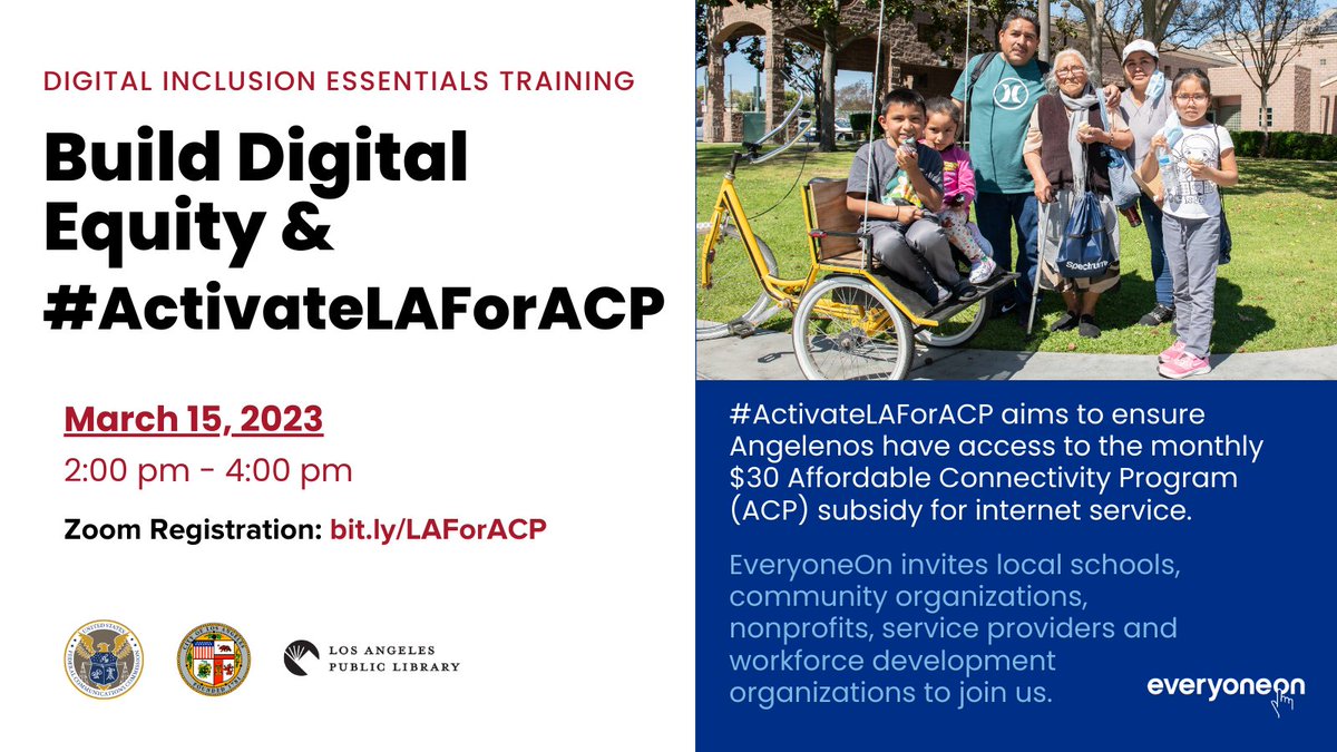 LAPublicLibrary's tweet photo. Join @EveryoneOn with @FCC and @LACity for a virtual training to activate LA for ACP to ensure Angelenos are enrolled in the ACP low-cost internet program.

🗓️ March 15, 2023
 ⏰ 2:00 - 4:00 p.m.
🔗 https://t.co/pbGIHTUJUw https://t.co/xbB7LrHkX8