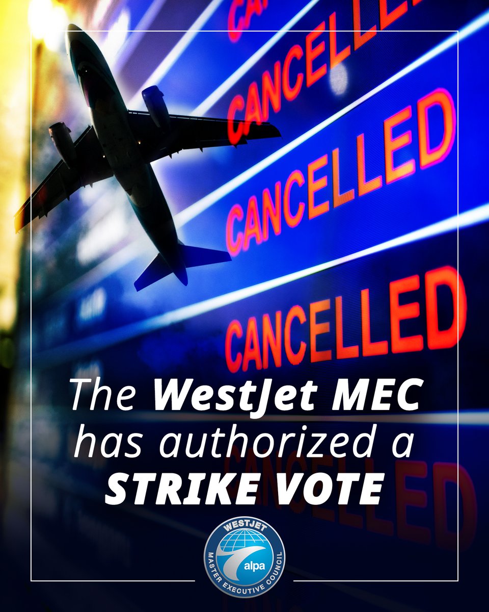 WestJetALPA's tweet photo. On March 6, the WestJet MEC authorized a strike vote. In the coming weeks @WestJet &amp; @FlySwoop Pilots will be encouraged to vote in favour of a strike which may lead to labour action. It's time for @AHoensbroech to make a deal that allows us to grow. #showusafuture #Contract2023 https://t.co/g50unSTnkC