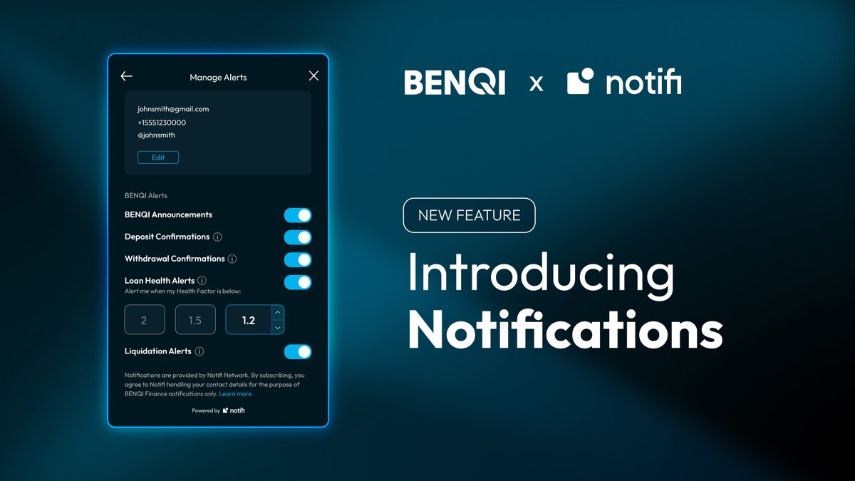 BENQI is now integrated with <a href="/NotifiNetwork/">Notifi</a>.

Receive notifications for

✅ Announcements
✅ Liquidity Market - deposits, withdrawals, liquidations, loan health
✅ Liquid Staking redeem reminders for sAVAX → AVAX

Alert mediums include 📲 SMS ✈️ Telegram or 📧 email.