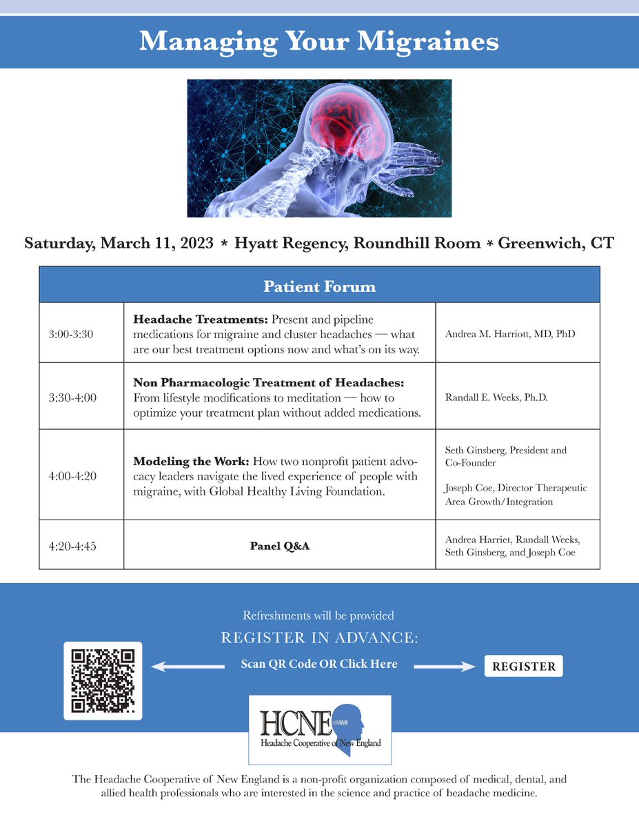 amfmigraine's tweet photo. For those of you in the #Connecticut - Tri-State area, Headache Cooperative New England is hosting "Managing Your Migraines" this Saturday, March 11 at the Hyatt Regency in Greenwich!
#migraine #migraineeducation #migraineawareness #headachetreatment #hcne #partnership https://t.co/ddamp6Ctd4