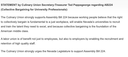 Culinary226's tweet photo. STATEMENT: The Culinary Union strongly supports Assembly Bill 224 because it will enable Nevada’s universities to recruit &amp; train the talent they need to excel, &amp; because collective bargaining is the foundation of the American middle class. #NVLEG #AB224 

https://t.co/k79ftdI1ud https://t.co/0KdhNaB97c
