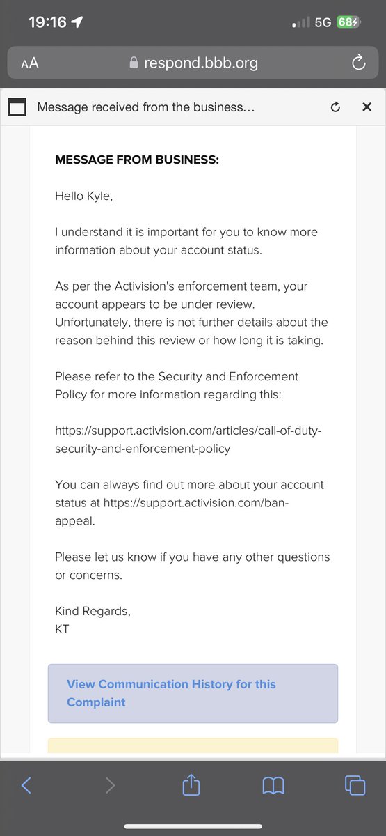 ItsKylito's tweet photo. Well scripted answer on their end lmao. Fucking bs as per usual. Fix your security measures and stop banning innocent players. @ATVIAssist @Activision https://t.co/QWARtAgKtJ