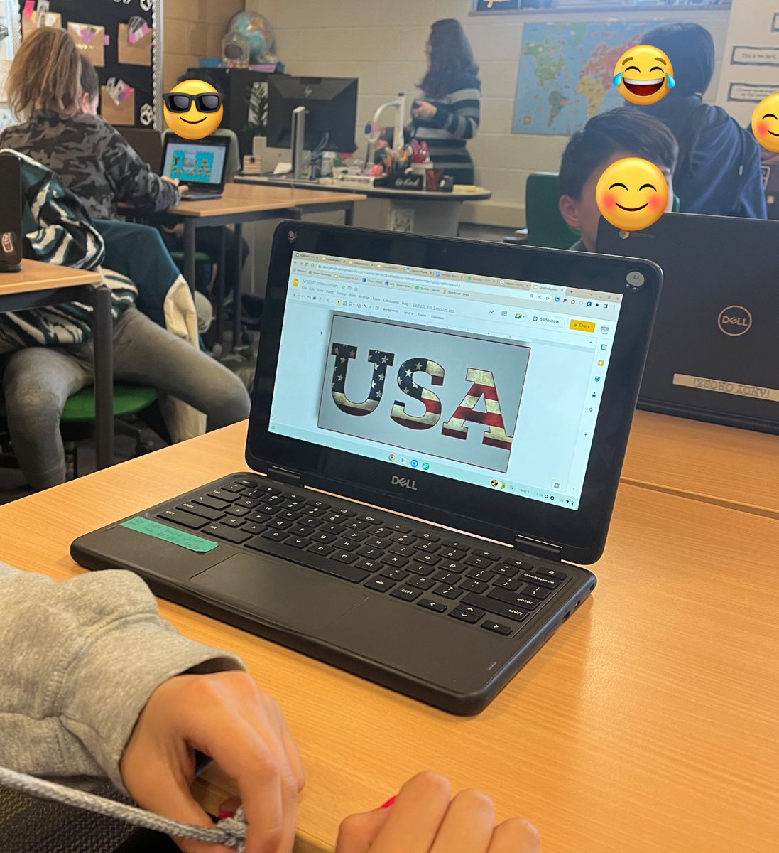 KMeyering's tweet photo. Working w/ @TechiePri to guide Ss through the creation of photo words in Dalzochio’s 6th grade classes @ Novi Meadows. Ss are researching different countries so we used USA as our example! 🇺🇸 Thanks @ericcurts for the awesome idea &amp; directions! #NoviEdTech #OakEdTech #NoviPride https://t.co/300Csd842j