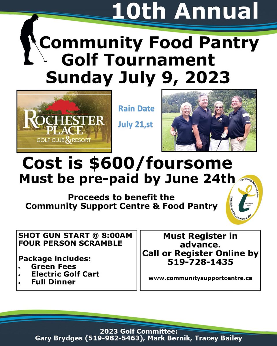 Register now and support the Community Food Pantry! Super excited for our 10th annual 
Limited space so please book your foursome fast #golfisback #foodbank #golftournament #foursome