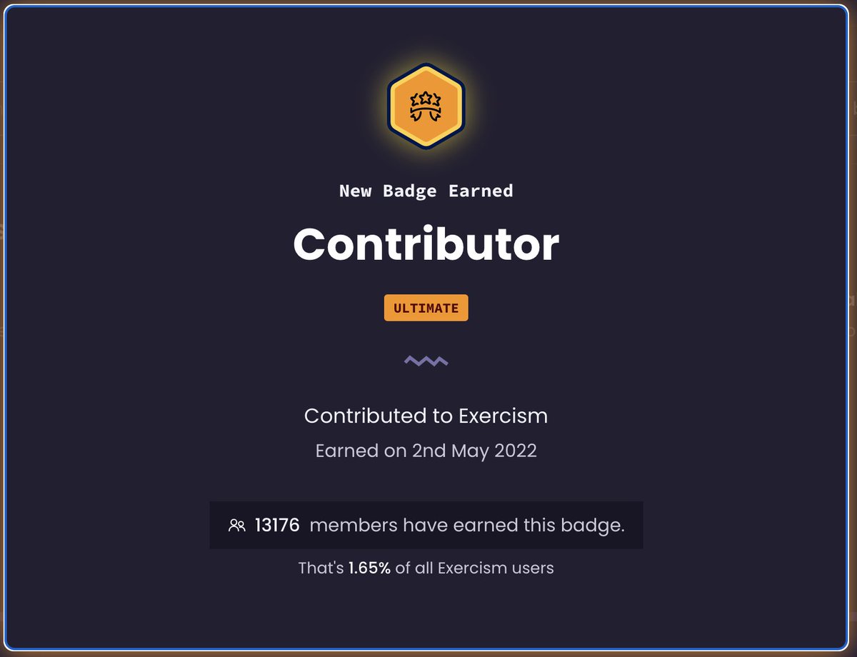 bmkrocks's tweet photo. Excited to get back into #Rust and #JavaScript mentoring on @exercism_io  after a busy year! Grateful for the opportunity to both learn and teach in the programming community.

Just found out I earned a badge too! 🥰 https://t.co/kAkaBSTVCd