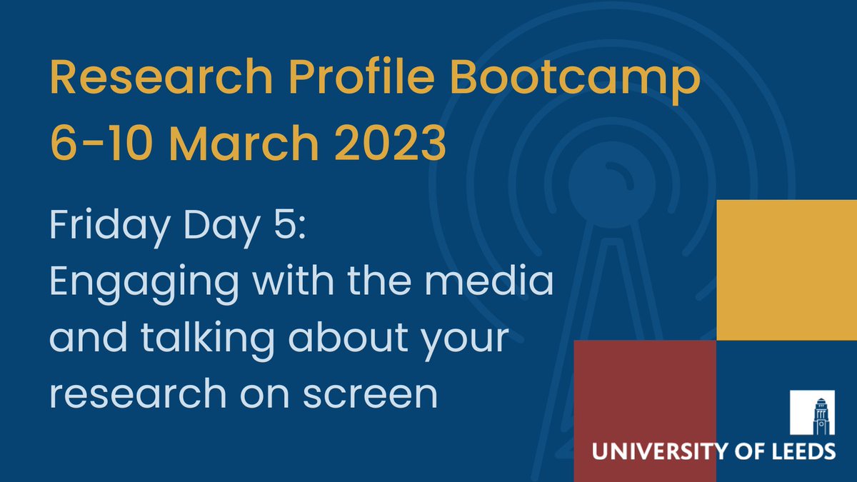 It the 5th and final day of bootcamp! Theme today is engaging with the media &amp; talking about your research. 📢

We'll here from researchers <a href="/meenakshisarkar/">Dr. Meenakshi Sarkar</a>,
<a href="/drmelaniebell/">melanie bell</a>  &amp; Kathleen McGrath who took part in the Research Journeys project and from the Leeds Uni media team. 🏋️‍♀️⭐️