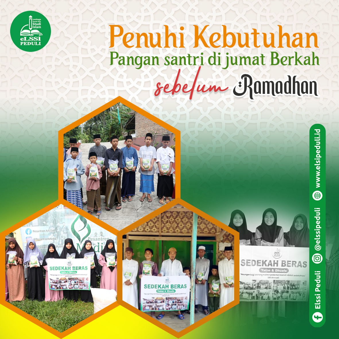 elssipeduli's tweet photo. Ramadhan sebentar lagi tiba, Mari bantu penuhi kebutuhan para santri Yatim &amp; dhuafa Penghafal Qur’an yang membutuhkan,

Semoga Ramadhan ini semakin banyak para santri yatim dan dhuafa yang terpenuhi kebutuhan pangannya Aamiin 🥰
#sedekahkreatif
#elssipeduli https://t.co/Fjx7DDFIA4