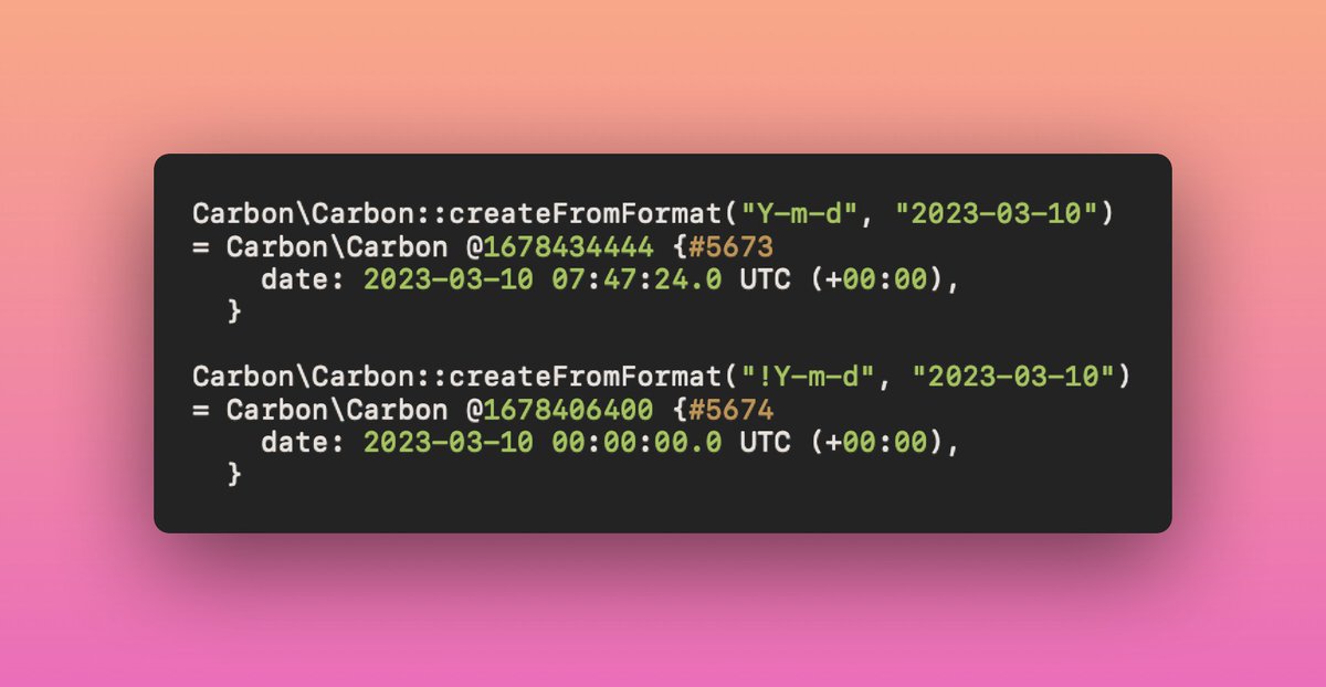 A sexy and easy way to create a date by setting automatically the time at midnight. Works with the great Carbon lib in Laravel but also the native php class DateTime! 🤙 #tips #fridaysharing thanks <a href="/rydgel/">Rydgel</a>