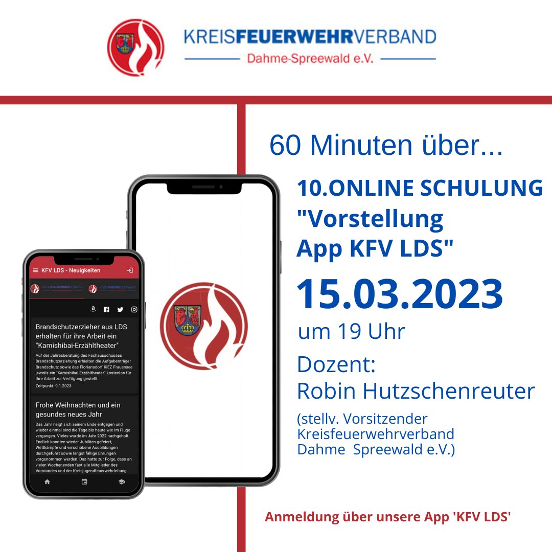 ☑️Online Schulung „Online Schulung Vorstellung "Feuerwehr App KFV LDS"“☑️
👉👉👉15.03.2023 ab 19.00 Uhr👈👈👈
#WIR freuen uns auf Eure Anmeldungen unter kfv-lds.de 🙂