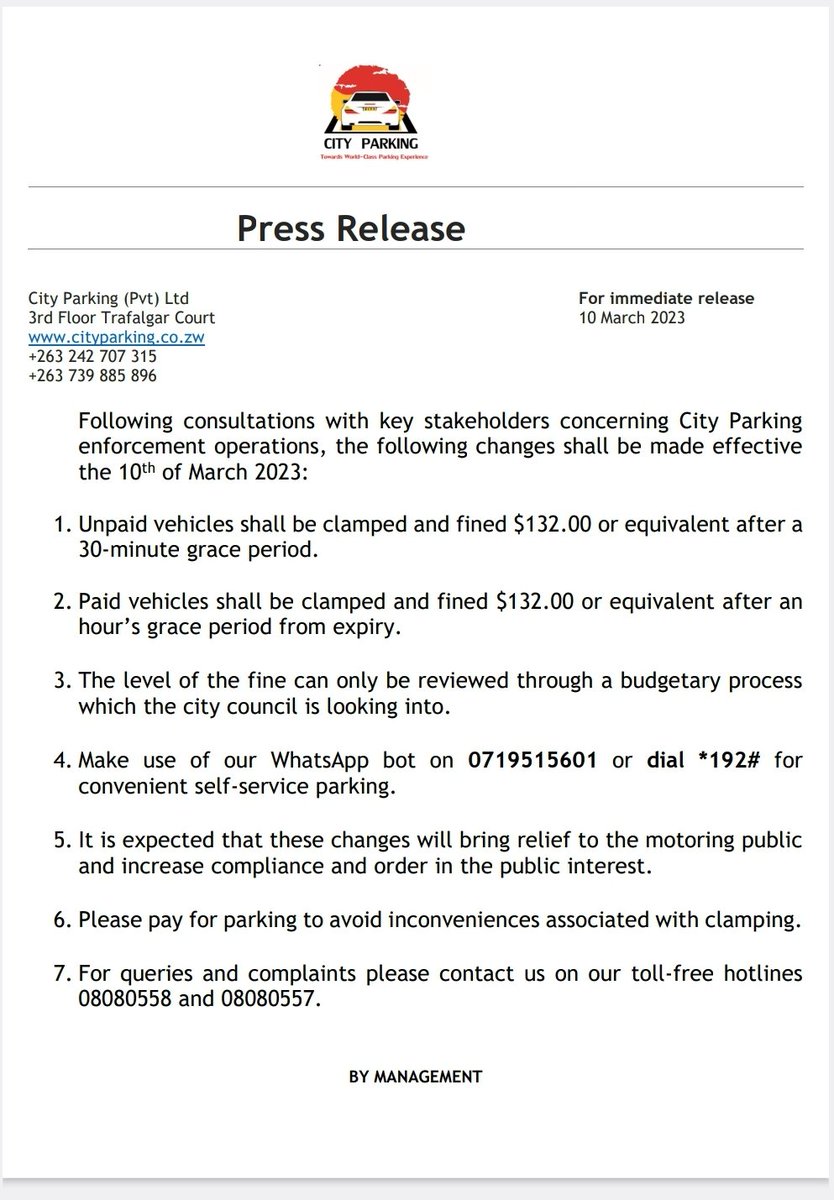 CityParkingHre's tweet image. In the interest of the motoring public, the following changes have been made to our enforcement operations. Please take note.