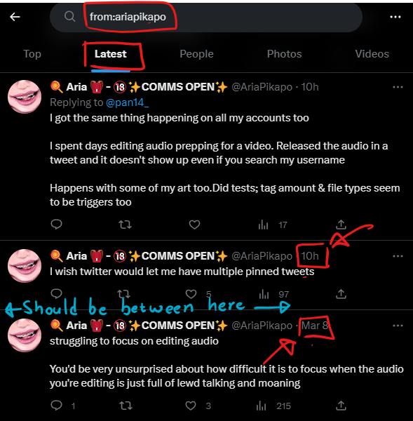 AriaPikapo's tweet photo. 🧵(1/3) 
PLS RETWEET TO SPREAD THE WORD

Twitter has been *randomly* search banning tweets.

Other accounts, including artists like me and @pan14_ , have been getting this treatment since the ban waves a little bit ago.

Twitter isn't just dying. It's actively killing itself https://t.co/8AzR17UJBy
