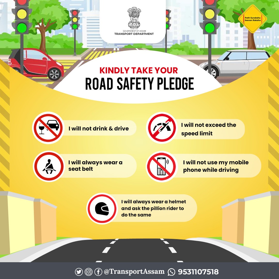 TransportAssam's tweet photo. Take the pledge and set an example for others
.
.
.
#RoadSafety #dontdrinkdrive #speedlimit #overspeed #rashdriving #wearhelmet #wearseatbelt #dontusephone #assamtransport #assam
@nitin_gadkari @himantabiswa @ParimalSuklaba1
@assampolice @diprassam @AdilKhan_IAS https://t.co/Rg2v66guFs