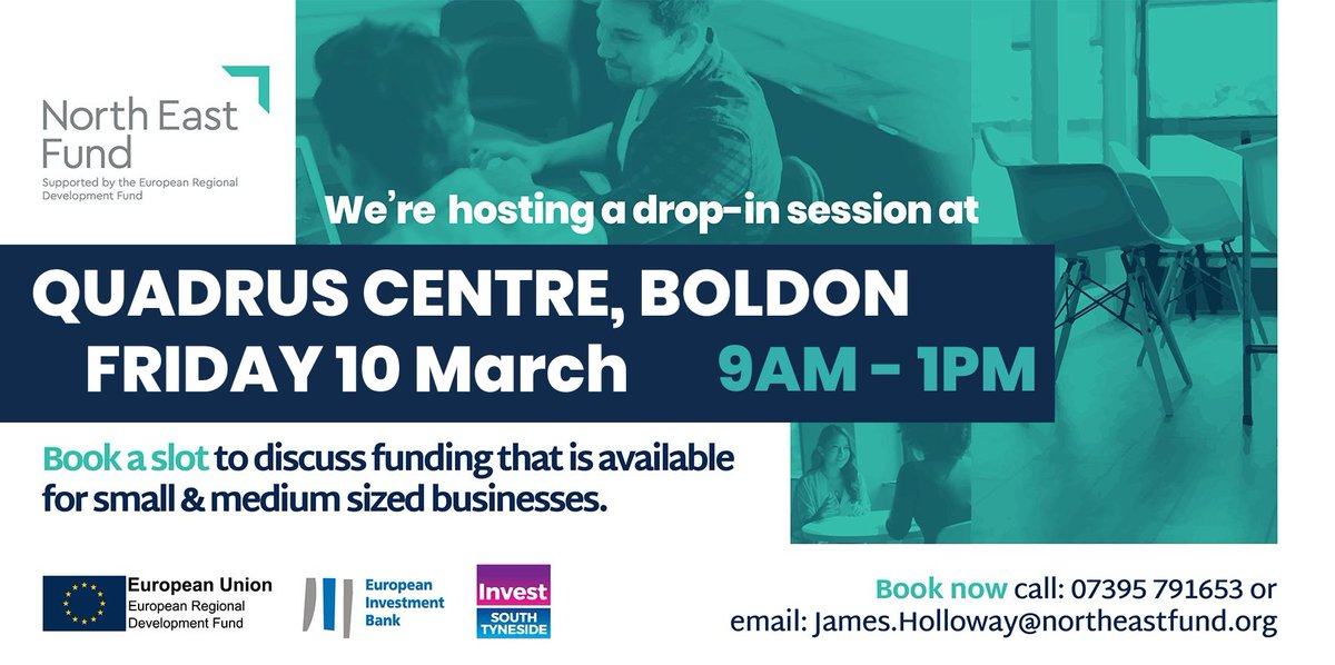 Need some funding or recruitment advice? Drop into our Business Support session this morning at the Quadrus Centre in Boldon from 9am - 1pm. No appointments needed! investsouthtyneside.com/event/business…