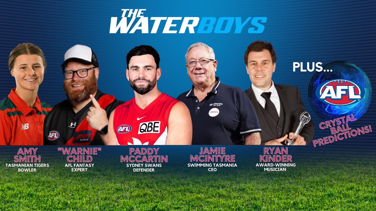 brentcostelloe's tweet photo. 📻 BIG edition of “The Waterboys” tomorrow!

🏉 @sydneyswans Paddy McCartin

🐷 @AFLFantasy @WarnieDT 

🏏 @TasmanianTigers Amy Smith

🏊‍♂️ @SwimmingTas CEO Jamie McIntyre

🎵 Star musician @el_rog 

🔮 @AFL 2023 predictions!

⏰ 8am: 7HOFM/LAFM

⏰ 9am: 7XS

⏰ 10am: 7AD/7BU https://t.co/ixaHSsVVII