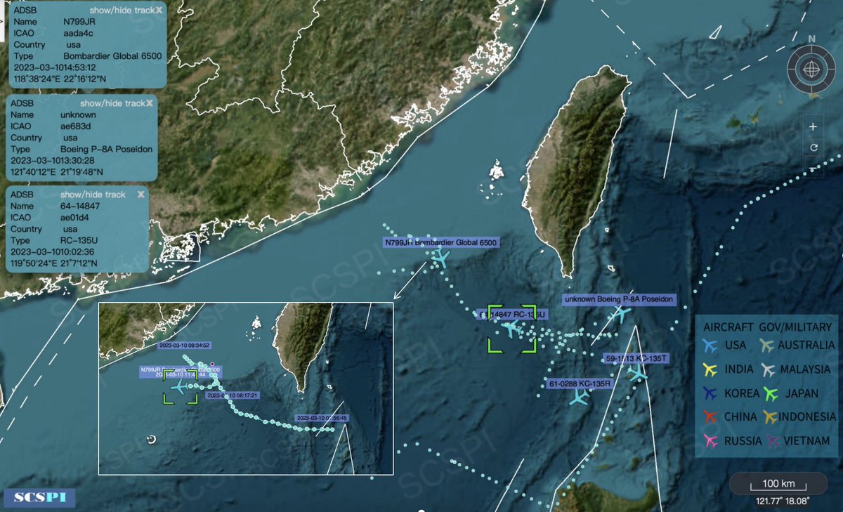 SCS_PI's tweet photo. US military Bombardier Global 6500 #AADA4C, P-8A #AE683D and RC-135U #AE01D4 operates over Bashi Channel and the south of Taiwan Strait on Mar. 10. https://t.co/1iPOpub8lt