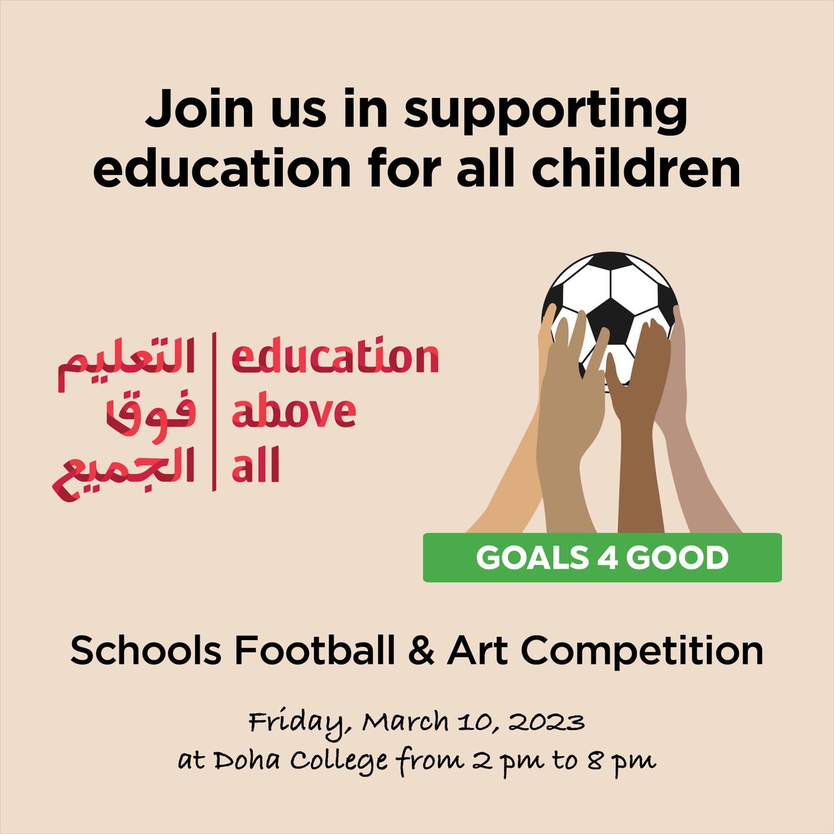 EAA_Foundation's tweet photo. Today in Qatar, students from 36 schools are participating in #Goals4Good sport and art competitions to help educate marginalised children β½οΈ π¨
Please support them in their endeavours to raise funds for EAA's projects https://t.co/hbXdooYopE ππΎ
#AccessToEducation #SDG4 https://t.co/Iay09UsjoZ