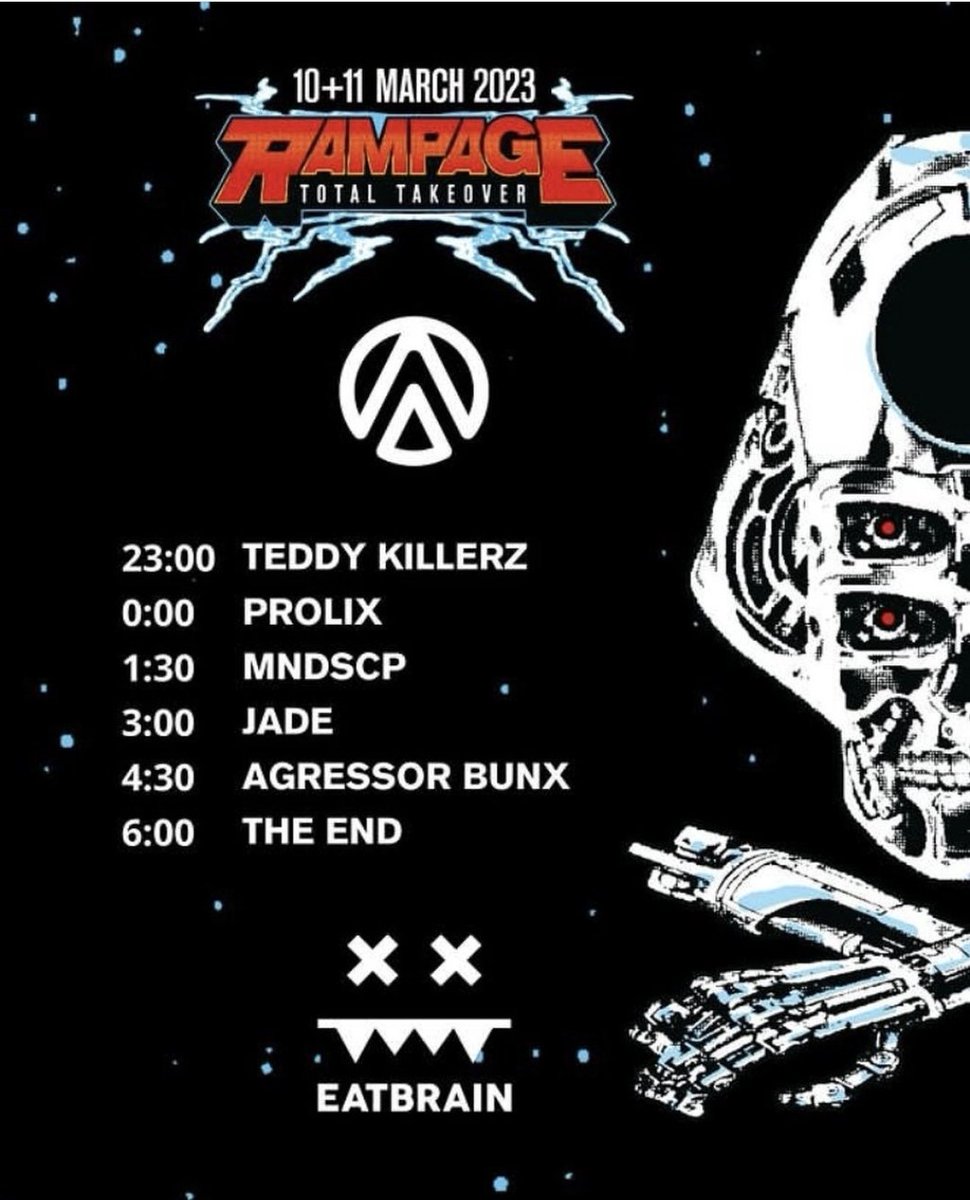 Tonight! RAMPAGE X @EATBRAIN_NOW 

@TeddyKillerz 
@Mindscape_dnb 
@Jade_Eatbrain 
@agressor_bunx 

🤘🤘🤘