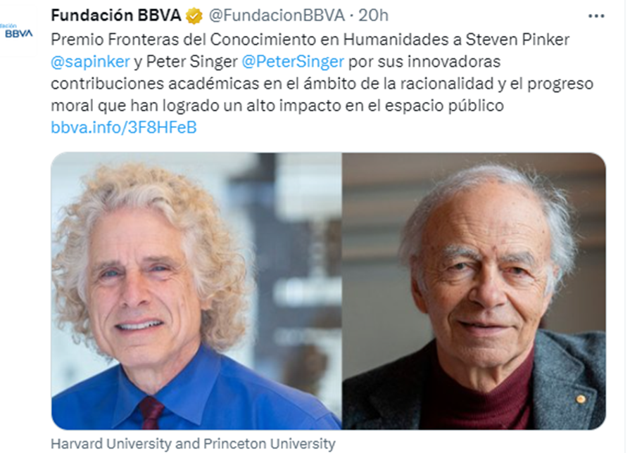 JuanPascual4's tweet photo. @FundacionBBVA
 1/ Atónito ante la notica que la Fundación BBVA ha otorgado su  premio Fronteras del conocimiento al filósofo Peter Singer (dcha) por sus contribuciones al progreso moral, me pregunto por cuál de los siguientes puntos han concedido este galardón (hilo): 👇 https://t.co/NKsK1BF50u