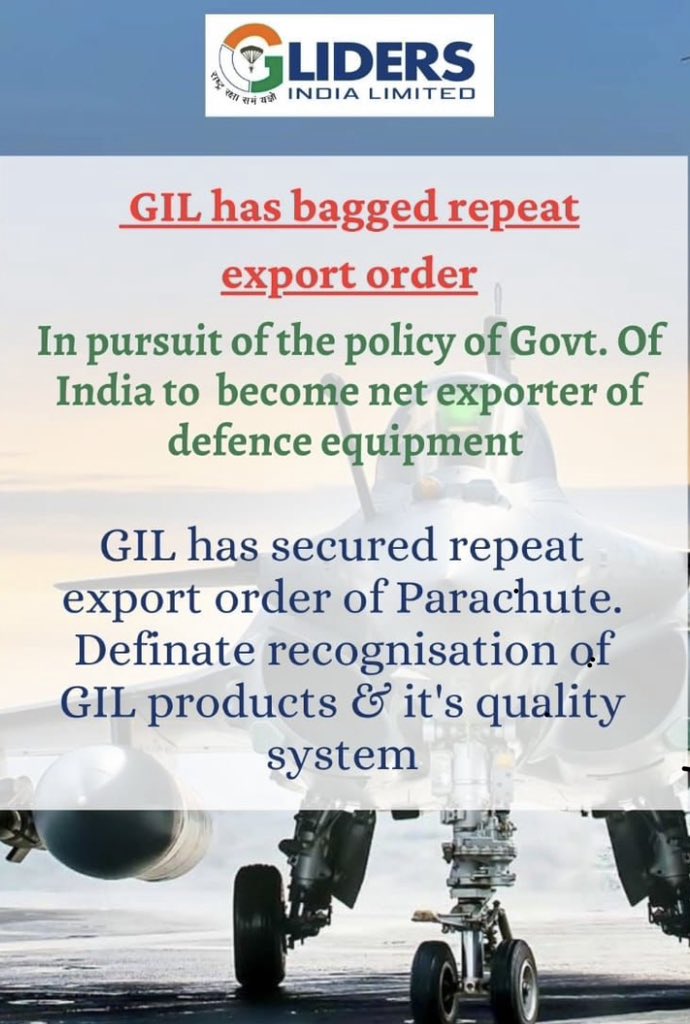 GLIDERS INDIA LIMITED, DPSU,MINISTRY OF DEFENCE (@glidersl) on Twitter photo Gliders India limited bagged repeat export order #export #GIL <a href="/Parachute_GIL/">PRO_OPF (A unit of GIL ,DPSU )</a> <a href="/SurendraDhapod1/">Surendra Dhapodkar</a> <a href="/SpokespersonMoD/">Ministry of Defence, Government of India</a> <a href="/sunildate/">sunil date</a>
@vkt2k @cmdgil Gliders India limited bagged repeat export order #export #GIL <a href="/Parachute_GIL/">PRO_OPF (A unit of GIL ,DPSU )</a> <a href="/SurendraDhapod1/">Surendra Dhapodkar</a> <a href="/SpokespersonMoD/">Ministry of Defence, Government of India</a> <a href="/sunildate/">sunil date</a>
@vkt2k @cmdgil