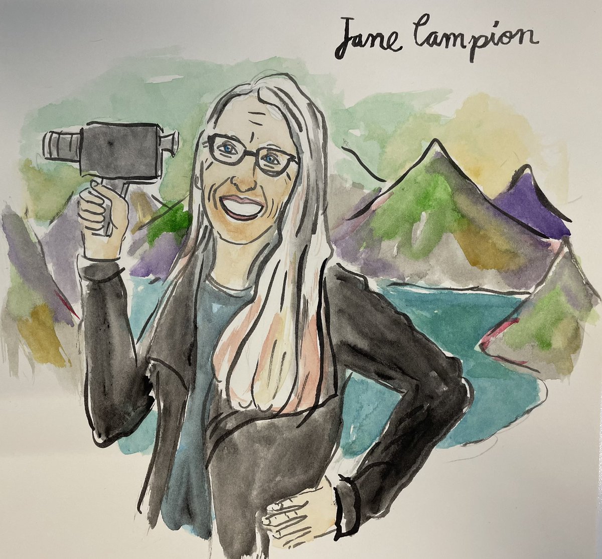 ‘Jane Campion’,
watercolour and ink on paper,
by award-winning artist, Sarah Laing.

@SarahELaing 
@DirectedbyWomen @netflix 
#JaneCampion