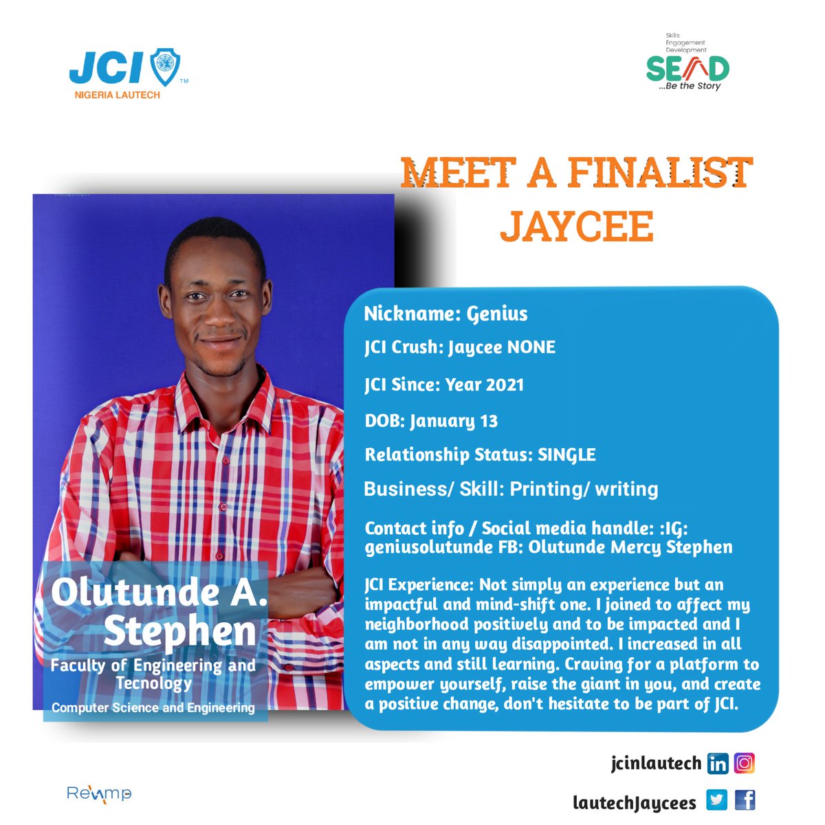 jcilautech's tweet photo. Meet a JCINLAUTECH finalist
A young enterprising leader, actively playing roles as jaycees and making positive impact in their Immediate surroundings.
Here is a Finalist....THE FACE OF JCINLAUTECH
#TheFinalist
#SEnD2023
#REVAMP
#SendingForward
#BeTheStory
#NewGoals
#jcinlautech https://t.co/RovKnXkyKS
