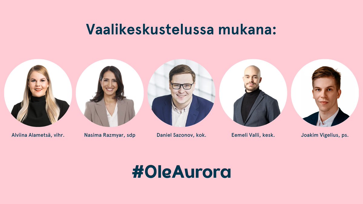 Miten voimme taata haavoittuvassa asemassa oleville nuorille riittävän tuen? Auroran päivän #vaalikeskustelu ssa mukana <a href="/NasimaRazmyar/">Nasima Razmyar</a>, <a href="/DanSazo/">Daniel Sazonov</a>, <a href="/AlviinaAlametsa/">Alviina Alametsä</a>, <a href="/EemeliValli/">Eemeli Valli</a>, <a href="/JoakimVigelius/">Joakim Vigelius</a>. Seuraa striimiä: diakonissalaitos.fluxmedia.live #OleAurora #eduskuntavaalit2023