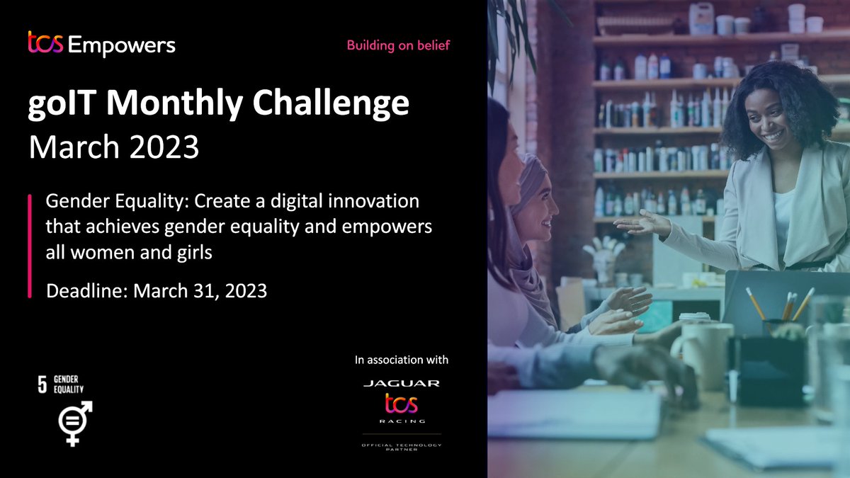 To help the world #EmbraceEquity, @TCS and @JaguarRacing are challenging students around the world to create a digital innovation that addresses #GenderEquality. Learn more and register now. tcsempowers.tcsapps.com/apac/goit-main… #TCSEmpowers #goITMonthlyChallenge #STEMCompetition