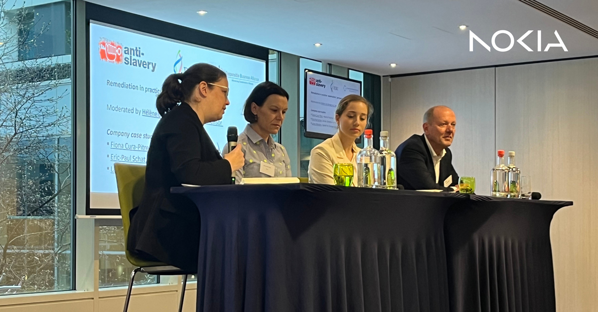 nokia's tweet photo. This week our Fiona Cura-Pitre @Fificp spoke in Brussels about #ResponsibleBusinessConduct alongside @HeidiHautala, @NorjamaNina and Lucrezia Busa in the context of upcoming EU legislations. 

Thanks to @techfinland and @RBAllianceOrg, @Anti_slavery, @RBCwg for the invitations! https://t.co/5fzru9LEeJ