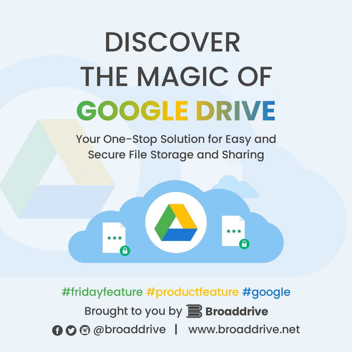 broaddrive's tweet photo. It's Friday and it's a #feature day 😁

Do you work with #googledrive? Do you know it's features and benefits?

Google Drive - Google Drive is a cloud-based storage service that allows users to store and access files from anywhere with an internet connection. 
#broaddrive #Cloud https://t.co/ISAriPKJw0