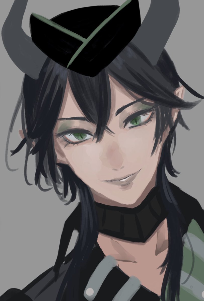 horns solo green eyes black hair pointy ears male focus hat  illustration images