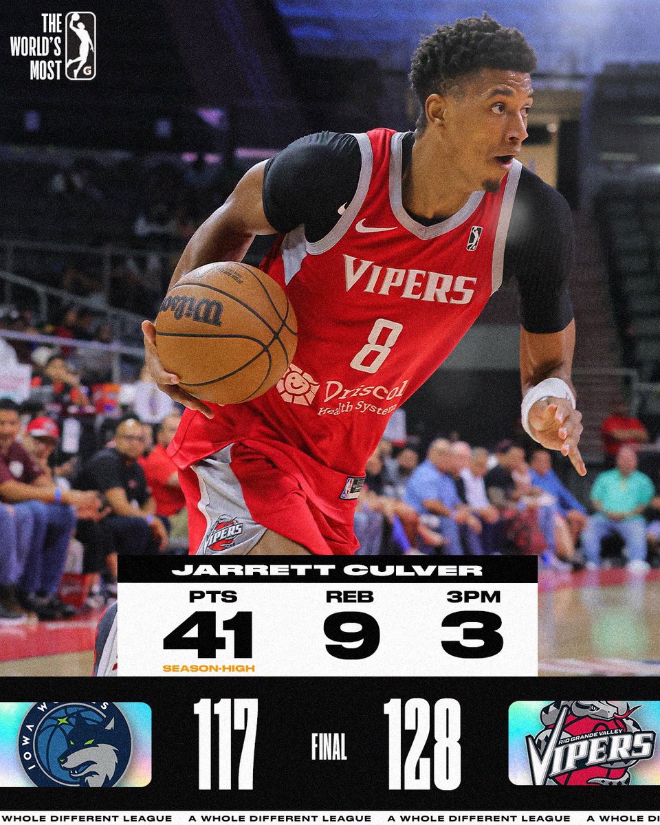 nbagleague's tweet photo. Jarrett Culver was a certified BUCKET tonight for the @RGVVipers as they got the win against Iowa!

🐍 Days: 28 PTS, 11 REB, 10/16
🐍 Hudgins: 18 PTS, 8 AST, 2 STL https://t.co/0K2Orsk4Ov