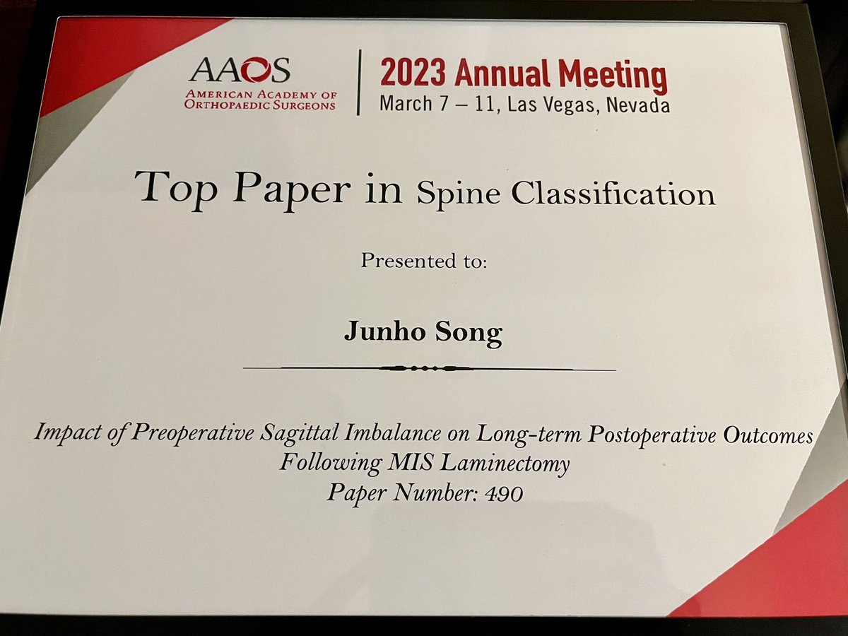 JunhoSongMD's tweet photo. Truly honored our study was selected for the Top Paper Award in Spine at #AAOS2023. Huge thank you to our phenomenal team, my mentor Dr. Sheeraz Qureshi, and @AAOS1! https://t.co/BiDtK9N0xr