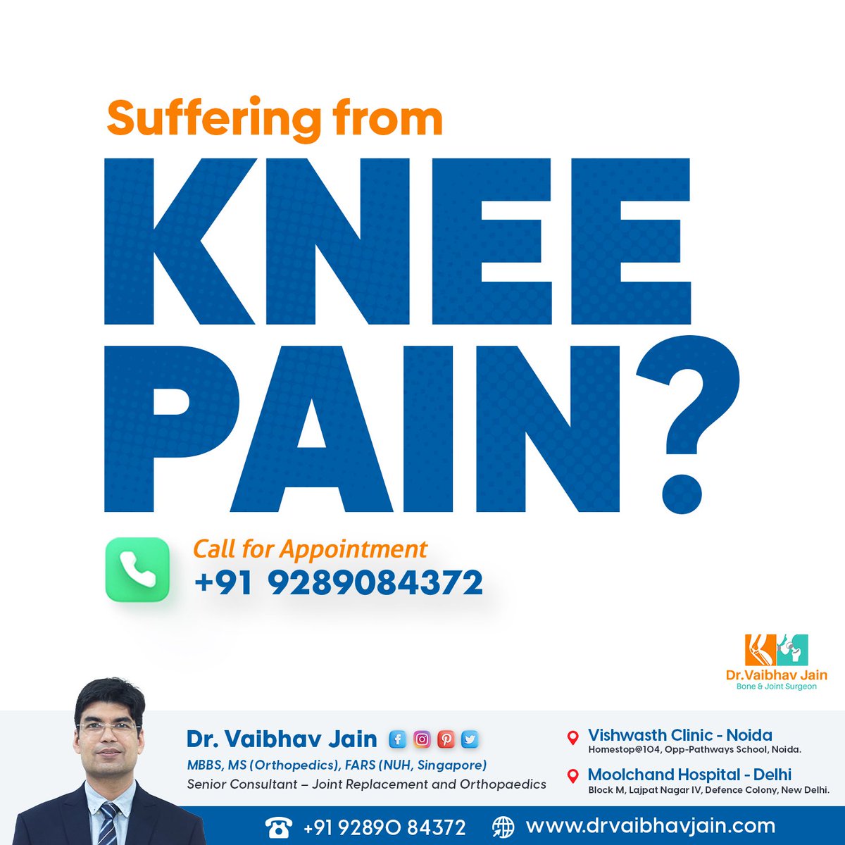 Don't let knee pain hold you back any longer. Get back to doing what you love with knee replacement surgery.

☎️ +91 92890 84372
🌏 drvaibhavjain.com

#PainFreeKnees #KneeReconstruction #OrthopedicCare  #OrthopaedicSurgery #OrthopaedicSpecialist
#OrthopaedicExpert