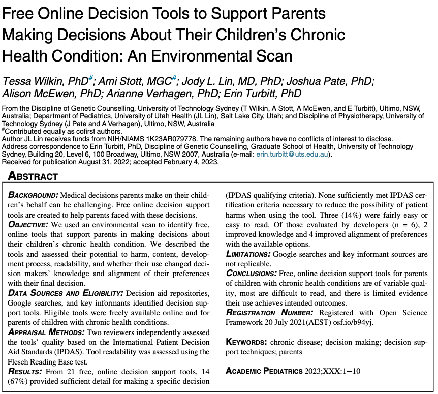 Very pleased to share our latest publication where we identified and assessed decision support tools for parents of children with chronic illness. Still lots of work needed in the pediatric, decision-making space! authors.elsevier.com/a/1gjQA6gdZRx-…