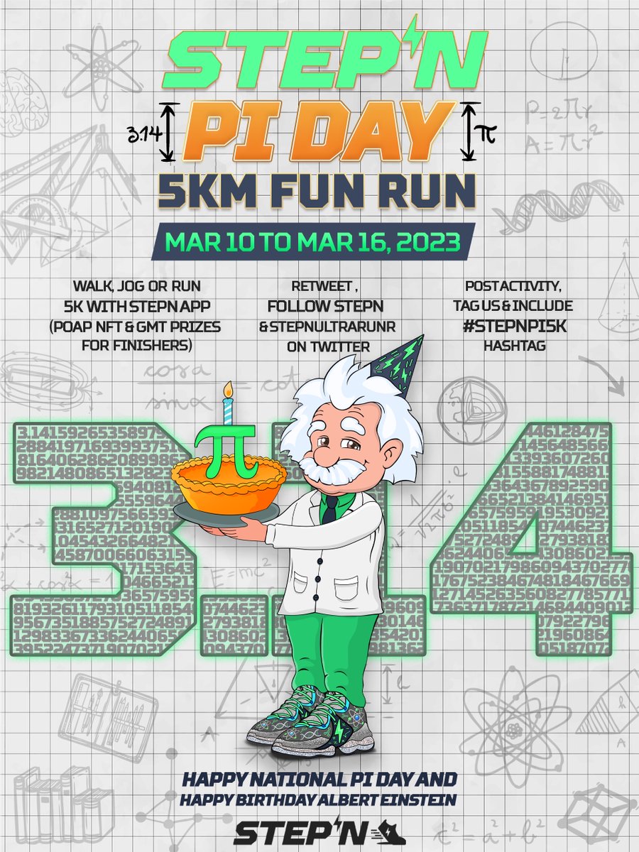 ⚡️<a href="/Stepnofficial/">STEPN GO</a> March’s Virtual Event is LIVE⚡️

🚶‍♂️🏃‍♀️NOW through March 16: walk, jog or run with your #STEPN app and enter the Pi 5K🥧

🖼️Post STEPN 5K Activity as Proof in Comments on THIS PINNED📌 msg
↩️RT, Like &amp; Follow <a href="/Stepnofficial/">STEPN GO</a> &amp; <a href="/StepnUltraRunr/">StepN Ultra Runner | NYC 🗽</a> tinyurl.com/STEPNpi5K
