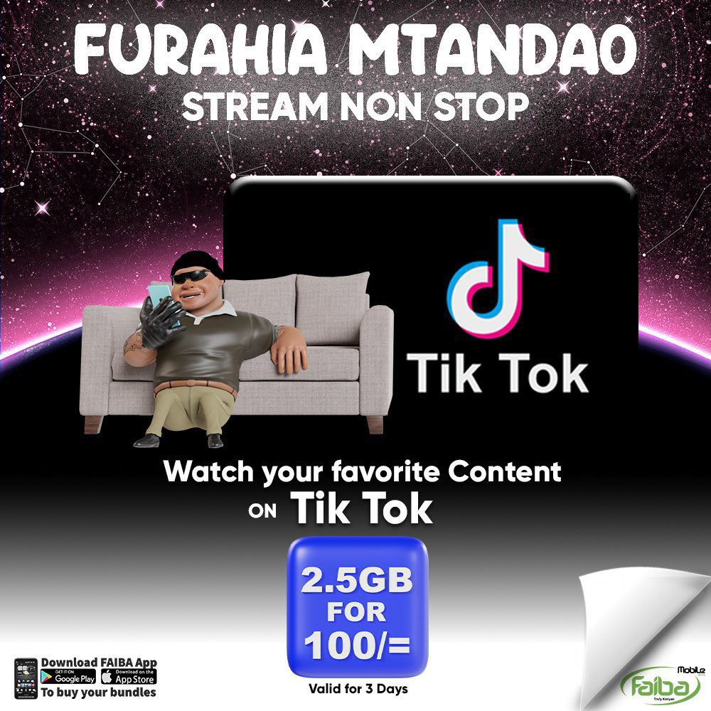 Watu wa tiktok huingia hiyo app ka job. It’s very addictive so make sure you get a mobile plan that matches your needs.

<a href="/FaibaMobile/">Faiba Mobile</a> inakuletea 2.5GB at 100 bob. Follow them on tiktok coz <a href="/mokayajr_/">mokayajr_</a> keeps us entertained with and get notified on the ongoing offers. #FaibaMobile