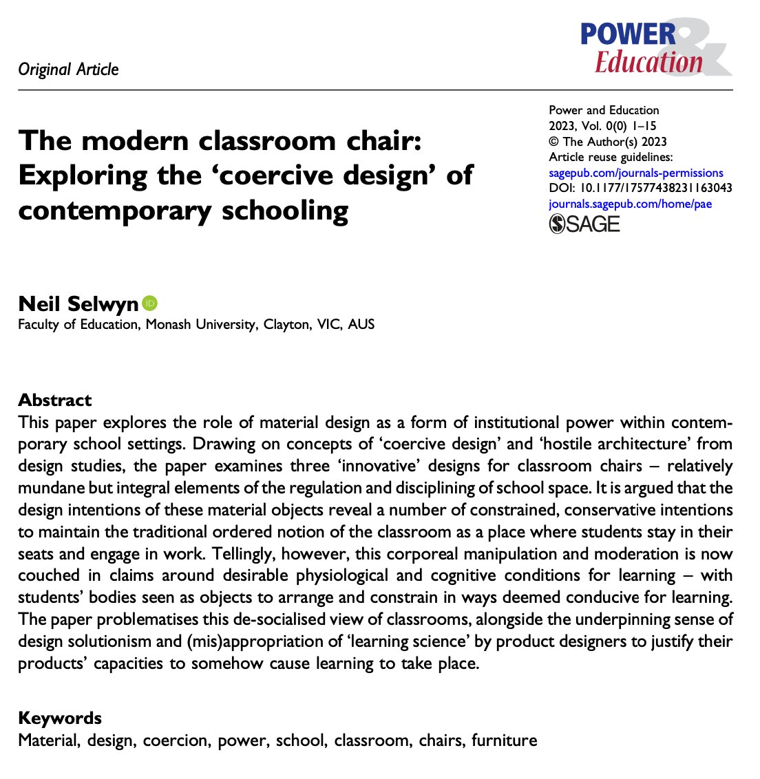 The politics of educational design … exploring how the coercive logics of neoliberal schooling are baked into the design of everyday physical objects such as classroom chairs (new O/A paper!) [1/8] 🪑🪑🪑 journals.sagepub.com/doi/full/10.11…