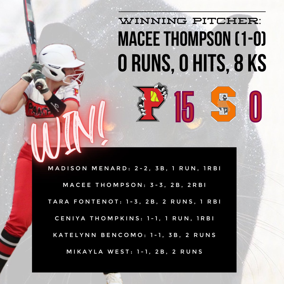 Dub for the Lady Panthers; and a no hitter for freshman pitcher, Macee Thompson!