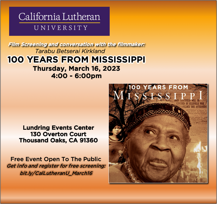 100Mississippi's tweet photo. You're invited to a live screening @100Mississippi &amp; talkback w/filmmaker @Budawg Kirkland at @CalLutheran Thousand Oaks next THUR 3/16 at 4pm. It's free @ Lundring Events Ctr &amp; open to the public— register at https://t.co/hskHbfyIca
Book a film screening: https://t.co/1QgtxXttb4 https://t.co/d2wu8cVSSH