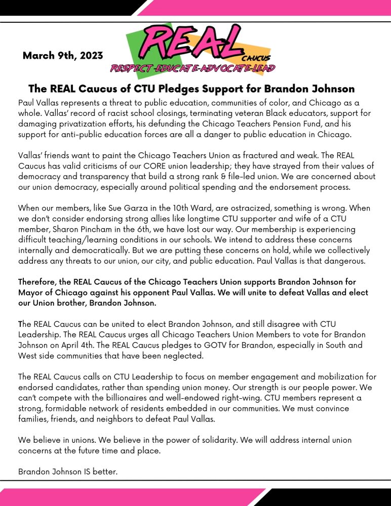 SSKedreporter's tweet photo. One of the caucuses that opposed current CTU leadership throws support behind Brandon Johnson. They say there will a time and place for internal CTU issues to be hashed out, but the time is not now https://t.co/3SkD0b4FMh